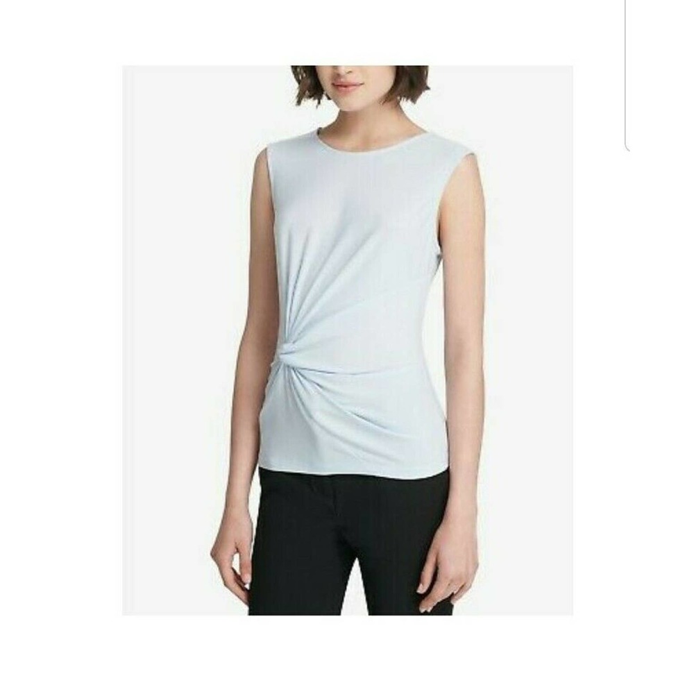 675 NEW LARGE DKNY Light Blue Crew Neck Twist Side Knot Sleeveless Blouse Top
